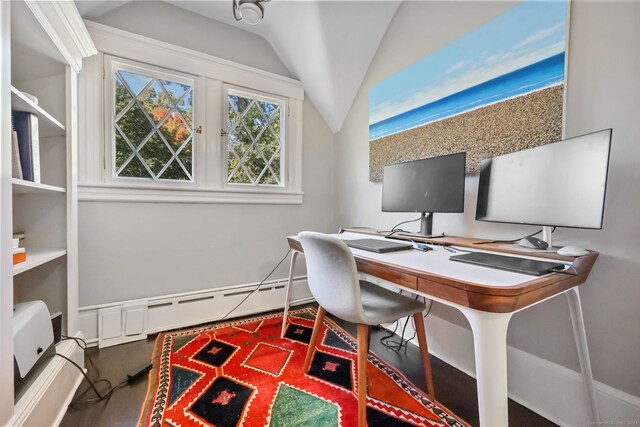 147 Old Church Rd, Greenwich, CT 06830 - home office featuring lofted ceiling and a baseboard radiator
