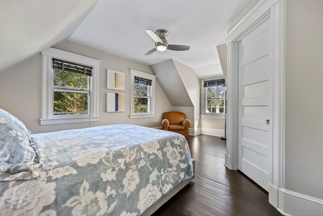 147 Old Church Rd, Greenwich, CT 06830 - bedroom featuring multiple windows, lofted ceiling, dark wood-style floors, ceiling fan, and baseboards