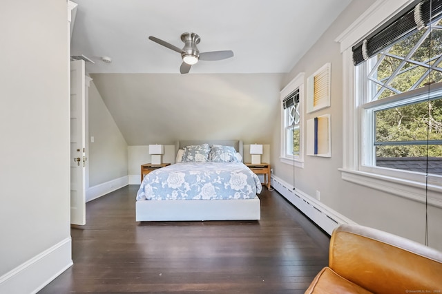 147 Old Church Rd, Greenwich, CT 06830 - bedroom with baseboard heating, wood finished floors, baseboards, ceiling fan, and lofted ceiling