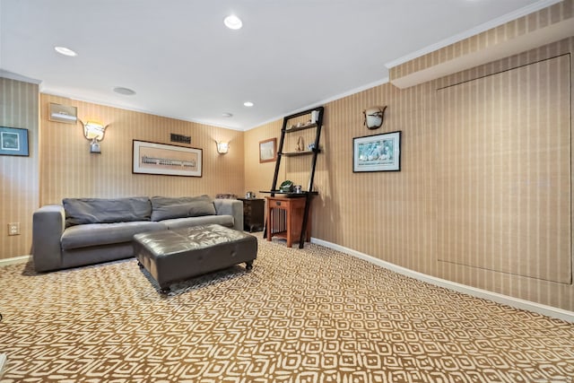 147 Old Church Rd, Greenwich, CT 06830 - carpeted living room featuring ornamental molding, baseboards, and recessed lighting