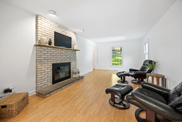 living room with a fireplace and light hardwood / wood-style flooring