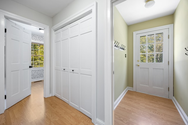 doorway with light hardwood / wood-style floors and a healthy amount of sunlight