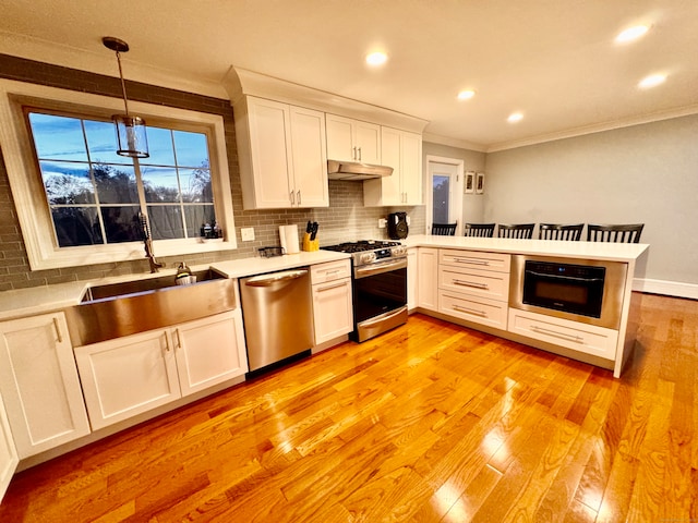 kitchen featuring sink, hanging light fixtures, light wood-type flooring, white cabinetry, and stainless steel appliances