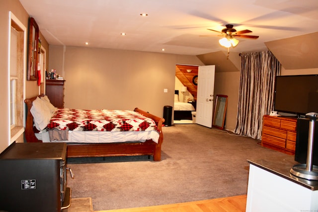 bedroom with wood-type flooring and ceiling fan