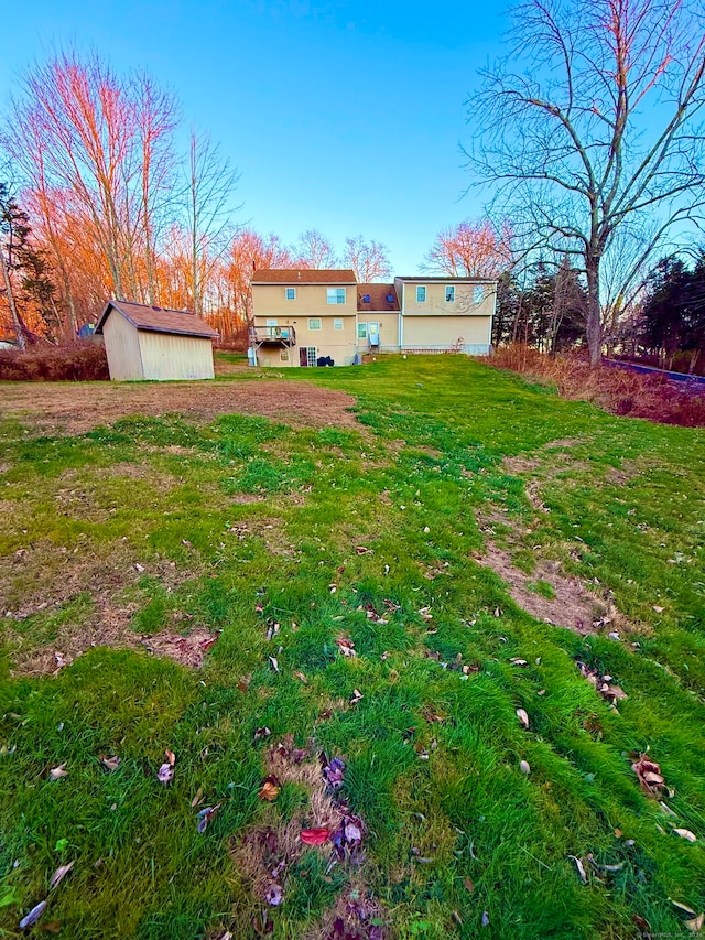 view of yard featuring a storage shed