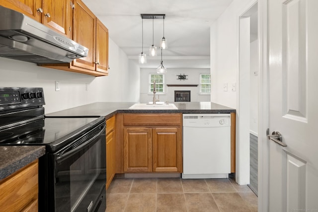 kitchen featuring black range with electric stovetop, light tile patterned flooring, sink, decorative light fixtures, and dishwasher