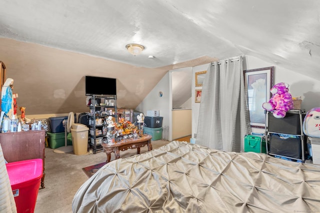 carpeted bedroom with vaulted ceiling and a textured ceiling