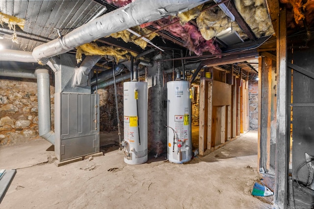 utility room with gas water heater and heating unit