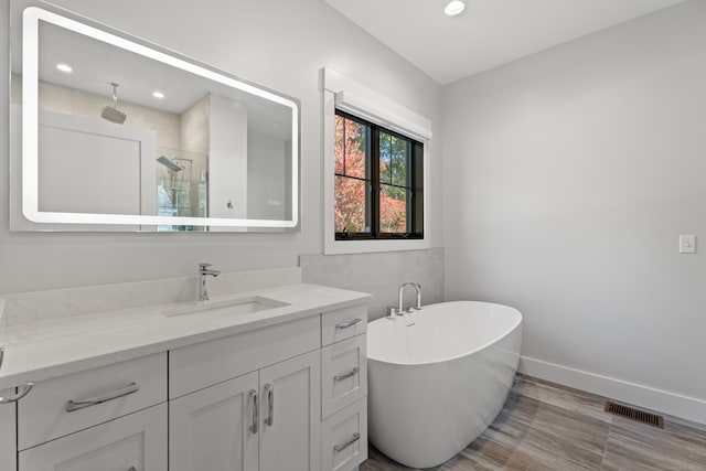 bathroom with vanity and separate shower and tub