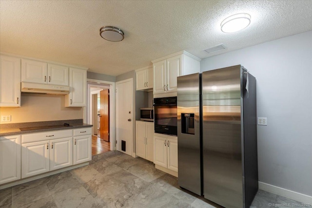 161 Dale Rd, Wethersfield, CT 06109 - kitchen with black appliances, under cabinet range hood, a textured ceiling, white cabinetry, and dark countertops
