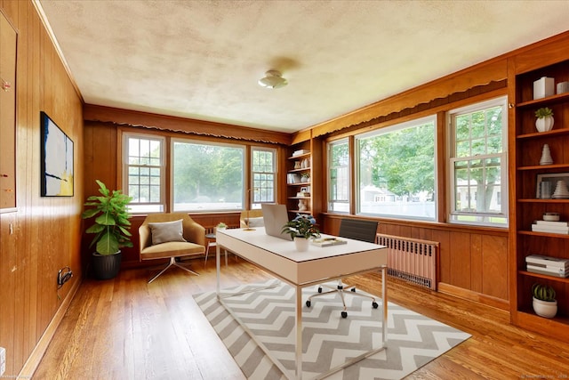 161 Dale Rd, Wethersfield, CT 06109 - office area featuring radiator, light wood finished floors, wooden walls, and built in shelves
