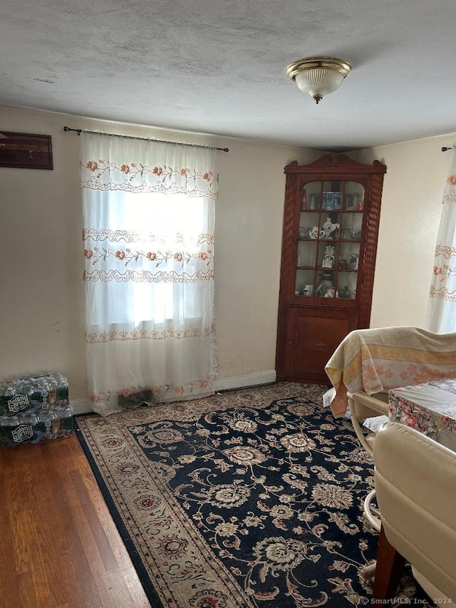 dining room with hardwood / wood-style flooring and a textured ceiling