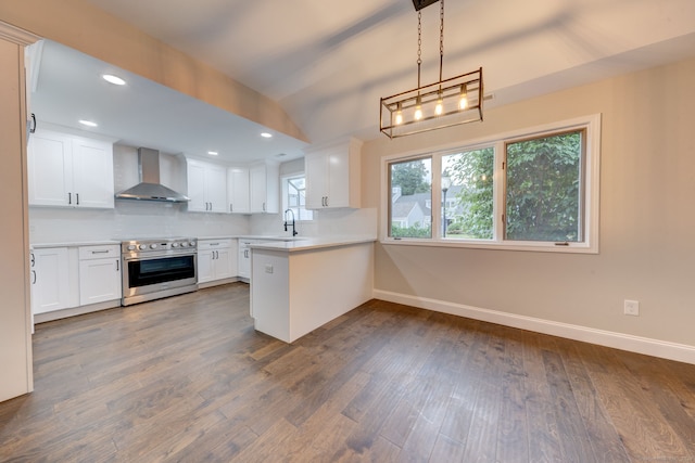 kitchen featuring wall chimney exhaust hood, stainless steel range with electric stovetop, dark hardwood / wood-style floors, and white cabinetry