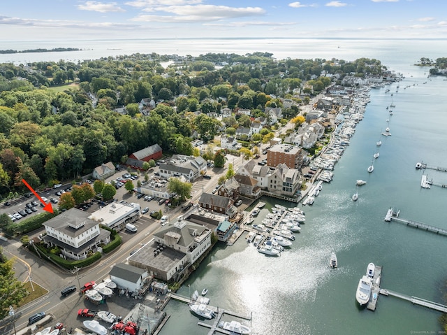 drone / aerial view featuring a water view