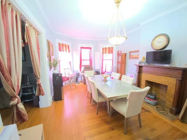 dining area with light wood-type flooring and crown molding