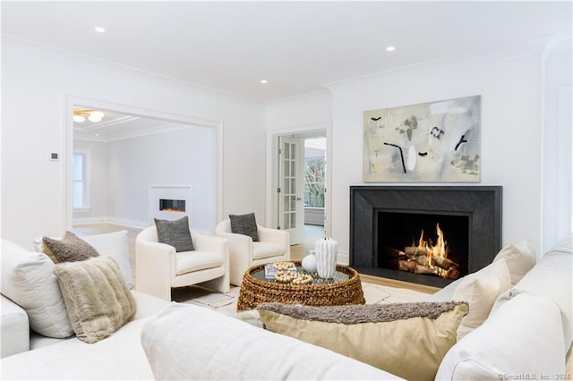 living room with crown molding