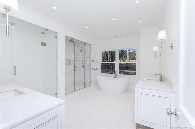 bathroom featuring vanity and plus walk in shower