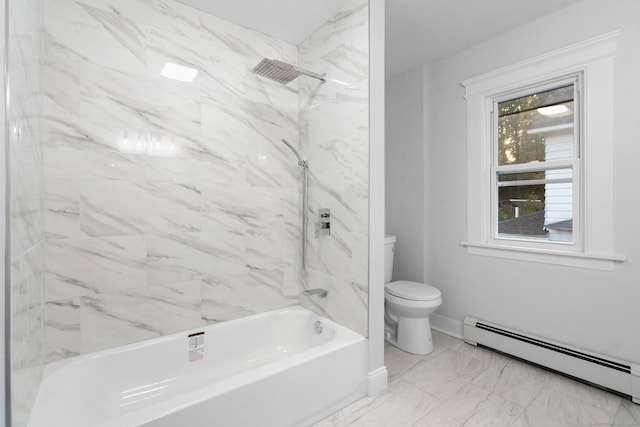 bathroom with a baseboard heating unit, tiled shower / bath combo, and toilet