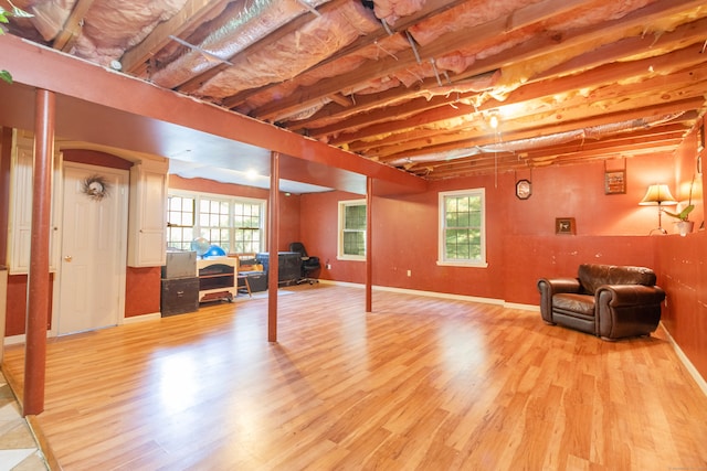 basement with light hardwood / wood-style flooring