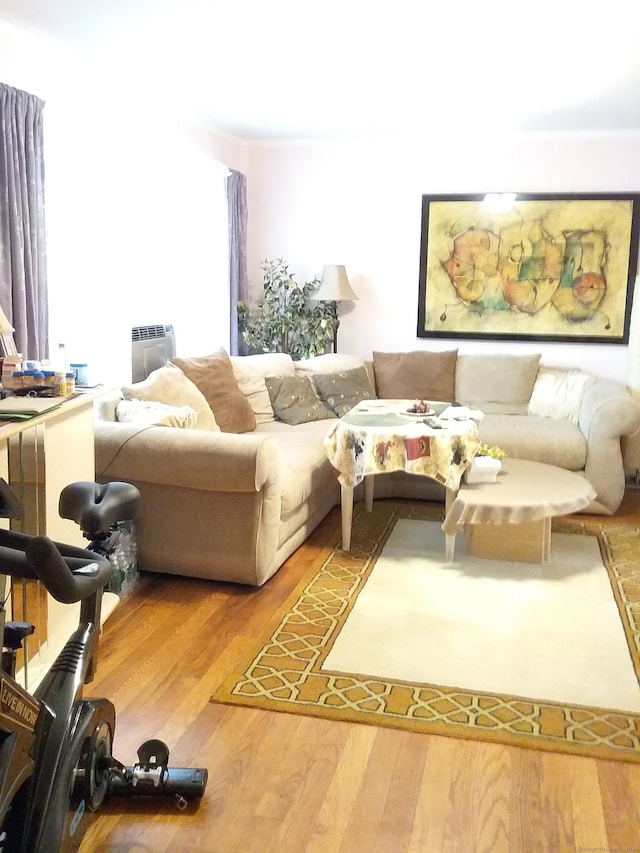 living room with hardwood / wood-style flooring and a wall unit AC