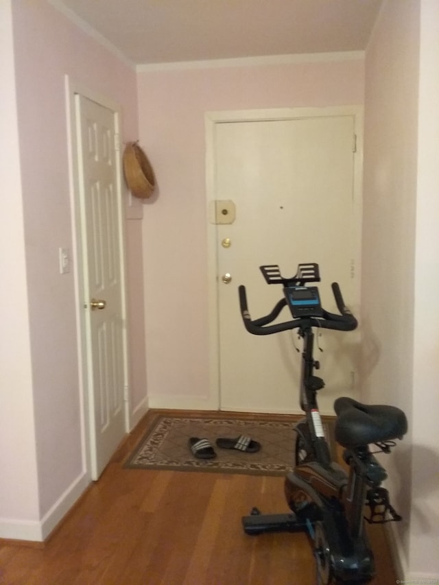 exercise room featuring wood-type flooring and crown molding