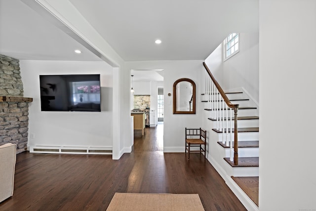 429 Chestnut Land Rd, New Milford, CT 06776 - entrance foyer featuring dark wood-type flooring, recessed lighting, stairs, a baseboard radiator, and baseboards