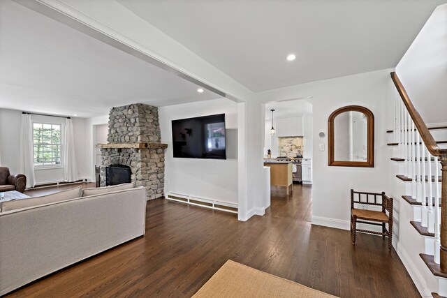 429 Chestnut Land Rd, New Milford, CT 06776 - living room with a fireplace, dark wood finished floors, recessed lighting, stairs, and baseboards
