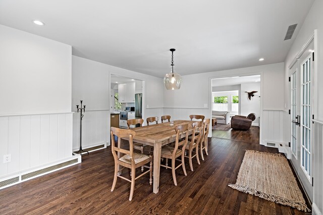 429 Chestnut Land Rd, New Milford, CT 06776 - dining space with recessed lighting, wood-type flooring, wainscoting, and visible vents