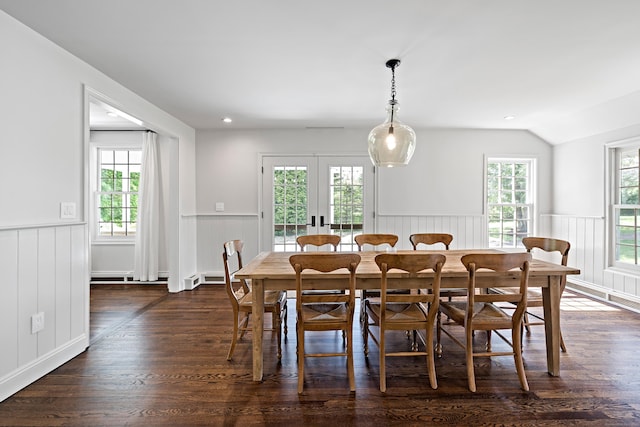 429 Chestnut Land Rd, New Milford, CT 06776 - dining space featuring recessed lighting, wainscoting, vaulted ceiling, dark wood-type flooring, and french doors