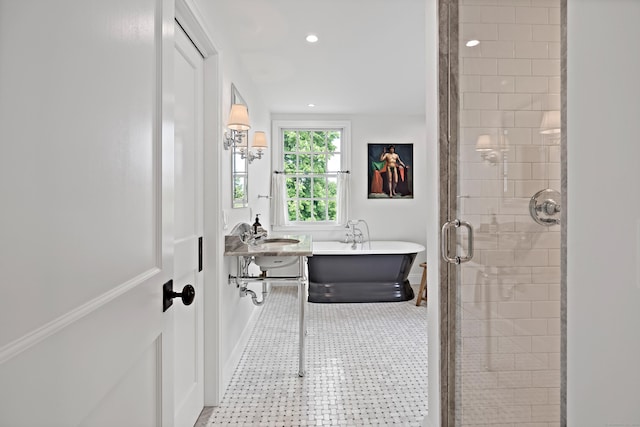 429 Chestnut Land Rd, New Milford, CT 06776 - full bath with a stall shower, baseboards, a freestanding bath, and recessed lighting