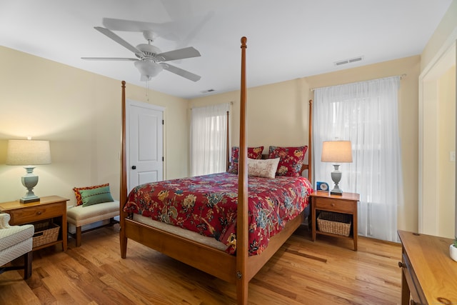 bedroom featuring ceiling fan and light wood-type flooring