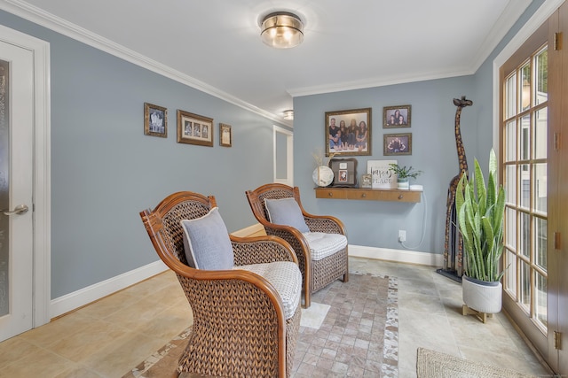 living area with ornamental molding and light tile patterned flooring