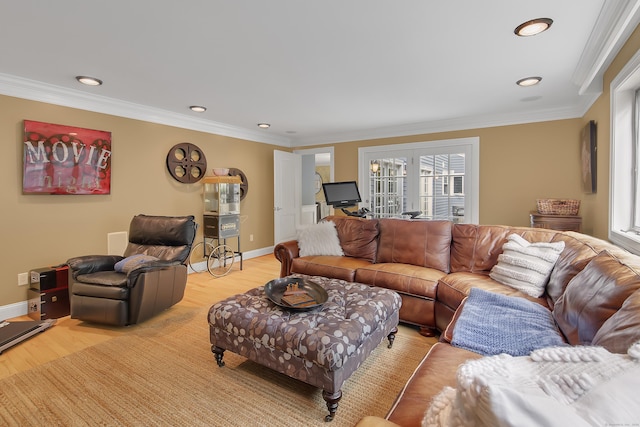 living room featuring light hardwood / wood-style floors and crown molding