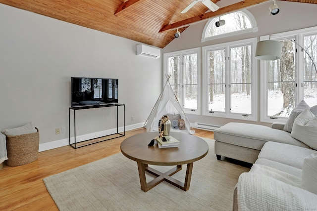 living room featuring lofted ceiling with beams, a baseboard heating unit, wood finished floors, wood ceiling, and an AC wall unit