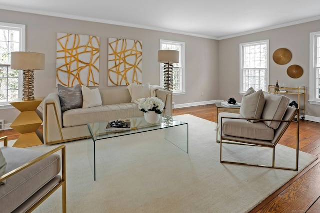 living room with baseboards, wood finished floors, and crown molding