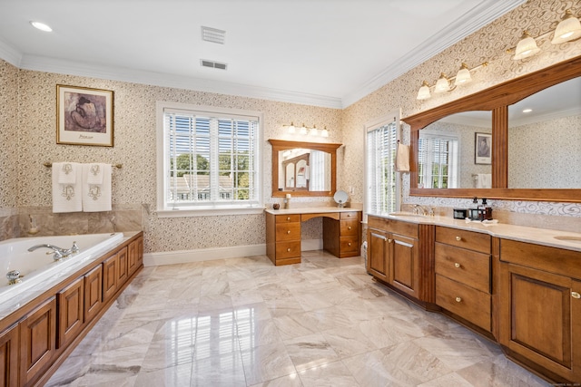 bathroom featuring a bathtub, crown molding, and vanity