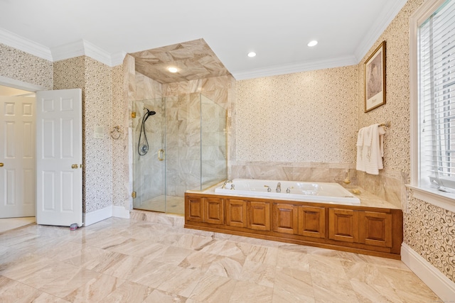 bathroom with plus walk in shower and crown molding