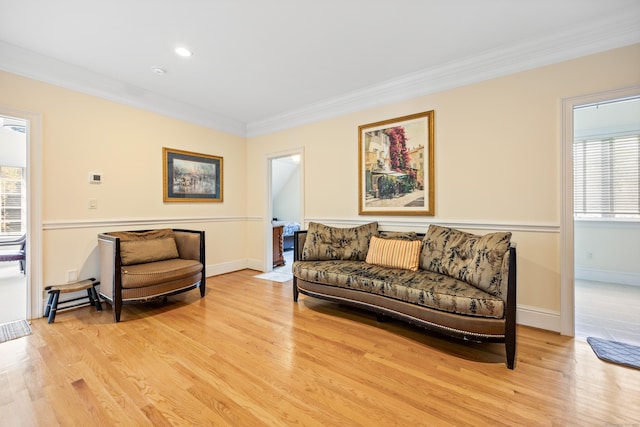 living room featuring ornamental molding, light hardwood / wood-style flooring, and a wealth of natural light