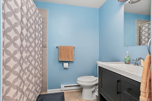 bathroom featuring vanity, baseboard heating, toilet, and curtained shower