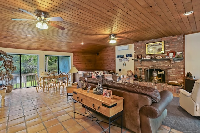 tiled living room with wood ceiling, vaulted ceiling, ceiling fan, and a brick fireplace