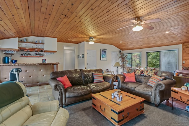 living room with bar area, vaulted ceiling, carpet floors, ceiling fan, and wooden ceiling