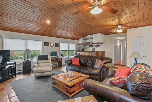 tiled living room featuring wood ceiling, lofted ceiling, and ceiling fan