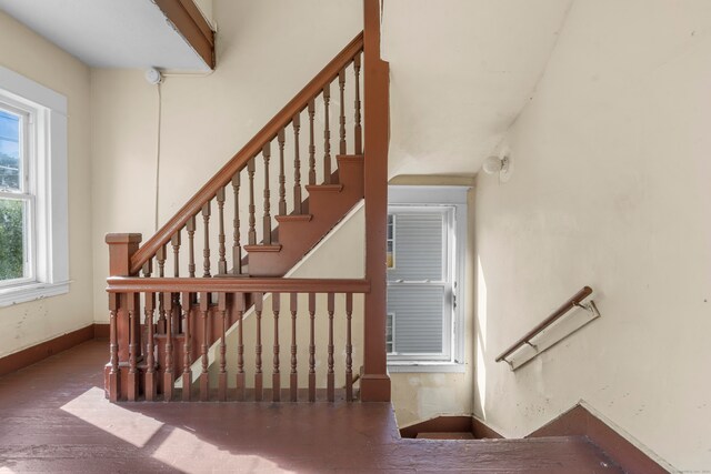 stairs featuring hardwood / wood-style floors