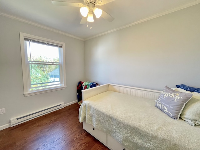 bedroom featuring ceiling fan, ornamental molding, dark hardwood / wood-style flooring, and a baseboard heating unit