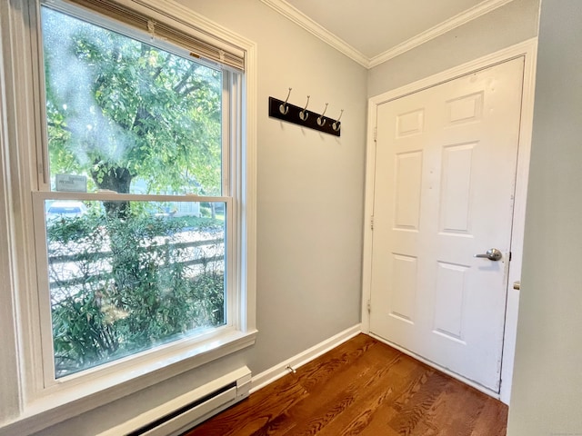 doorway featuring a baseboard radiator, dark hardwood / wood-style floors, and ornamental molding