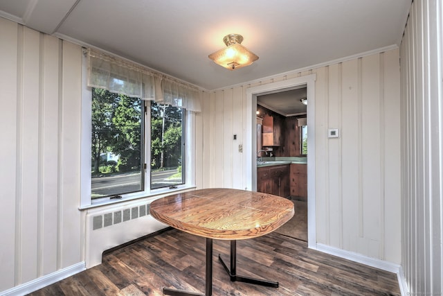 dining space featuring sink, wooden walls, dark wood-type flooring, and radiator heating unit