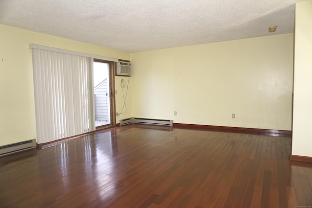 unfurnished room featuring hardwood / wood-style floors, a textured ceiling, and a baseboard heating unit