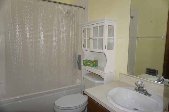 full bathroom with vanity, toilet, and shower / bathtub combination with curtain