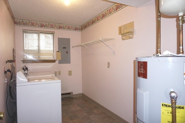 washroom featuring electric panel, independent washer and dryer, a textured ceiling, a baseboard radiator, and water heater