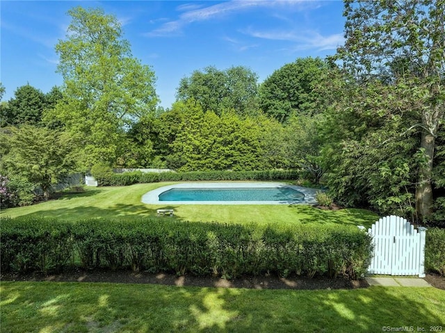 view of pool with a lawn